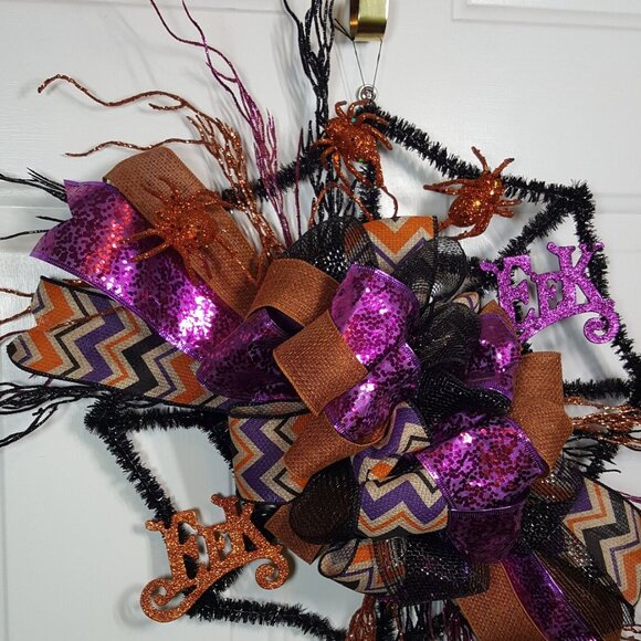 Halloween Orange Black Purple Glittered EEK Black Tinsel Spider Web Wreath - Picture 9 of 12